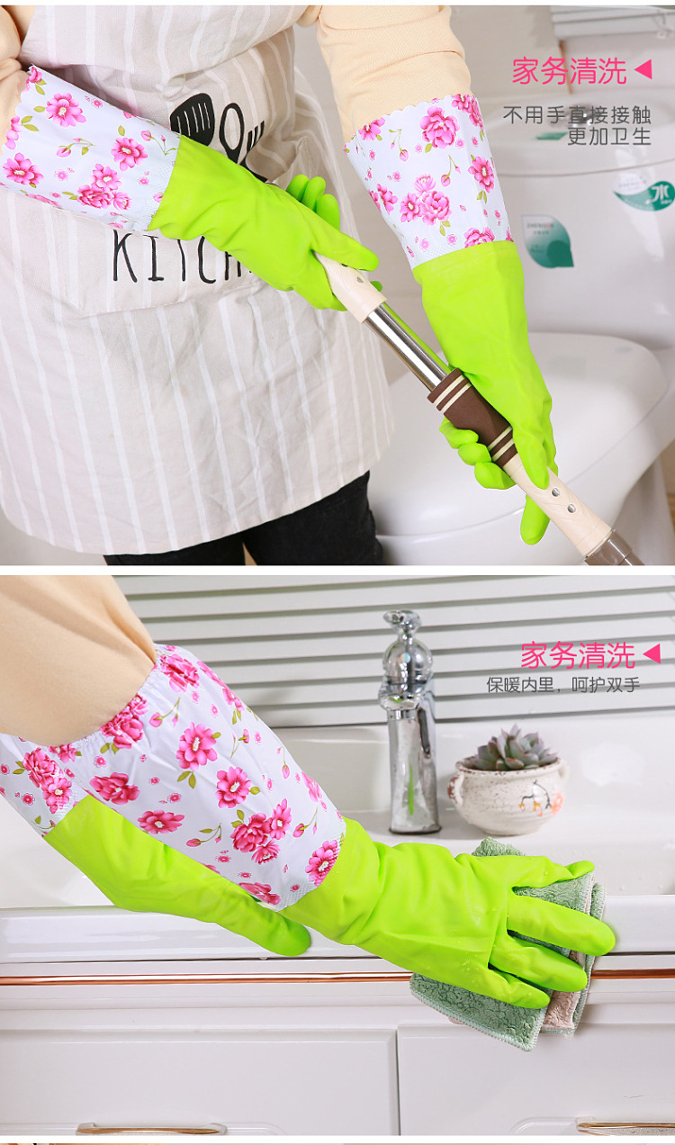 Household gloves with fleece, kitchen dishwashing and laundry latex gloves, durable rubber gloves, waterproof long style pic 12