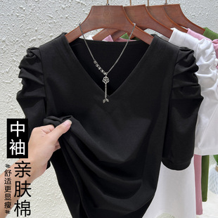 High-count 80-count double-sided mercerized cotton short-sleeved white T-shirt for women in summer, loose round-neck V-neck, versatile T-shirt, 1688 pic 3