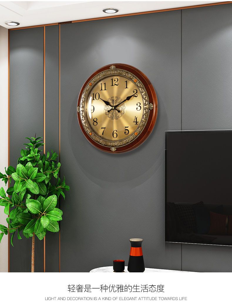 实木挂墙挂钟客厅欧式家用时钟美式轻奢卧室挂表时尚大气石英泓小详情11