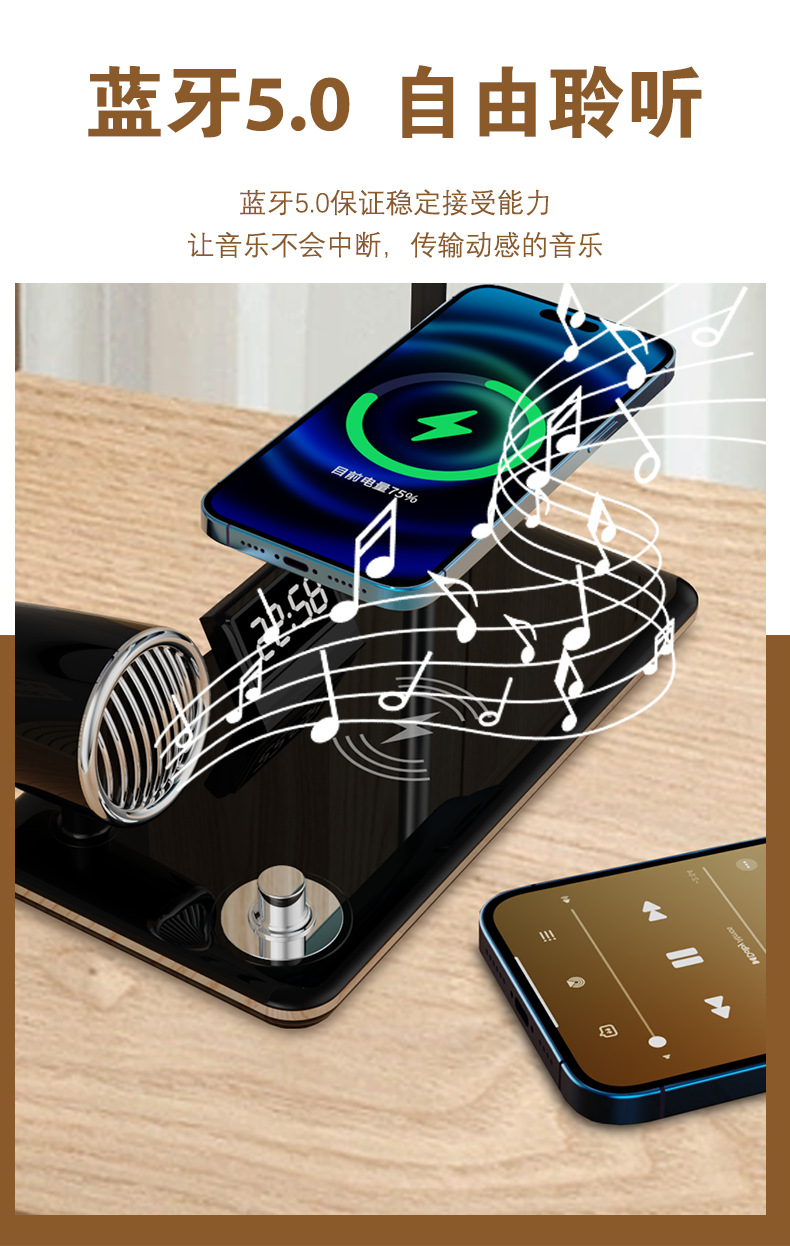 Creativo 4 en 1 lámpara de escritorio multifuncional conexión bluetooth luz de carga inalámbrica reloj despertador sonido atmósfera lámpara de escritorio de oficina pic 6