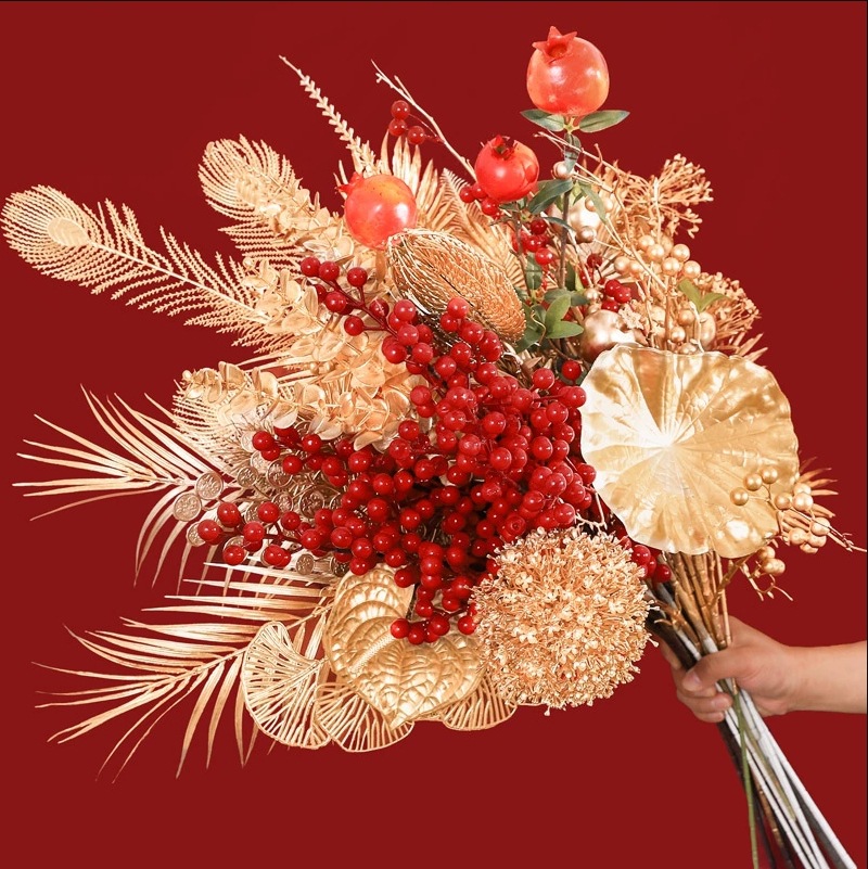 金色系仿真花仿真尤加利金叶子圣诞花新年福桶配件插花年宵花批发详情4