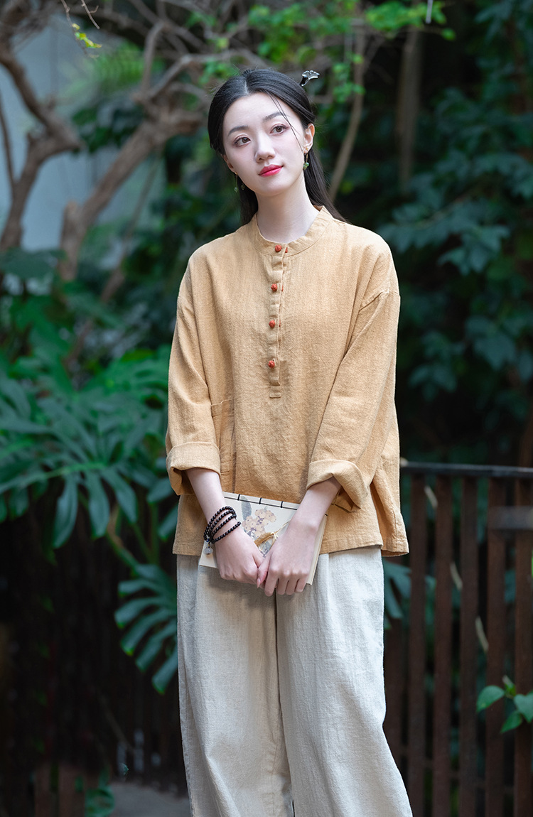 2024春夏棉麻女装新品亚麻立领拼色盘扣套头大码上衣女式棉麻衬衫详情49