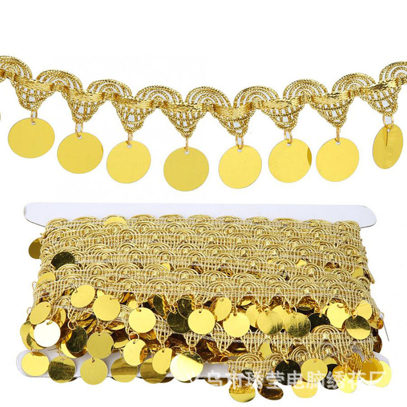 In stock: 3cm laser sequin lace, golden tassel lace, dance costume and accessory lace pic 8