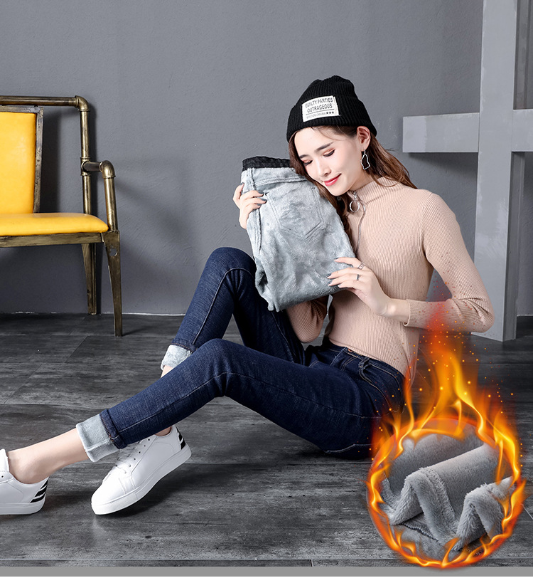 Winter fleece jeans for women, high-waisted, thick and warm Korean-style elastic slimming outerwear, small leg pants factory direct sales pic 31
