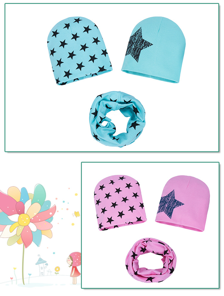 定制婴幼儿针织帽三件装 男女宝宝印花帽子围巾 无檐儿童围脖帽子详情13