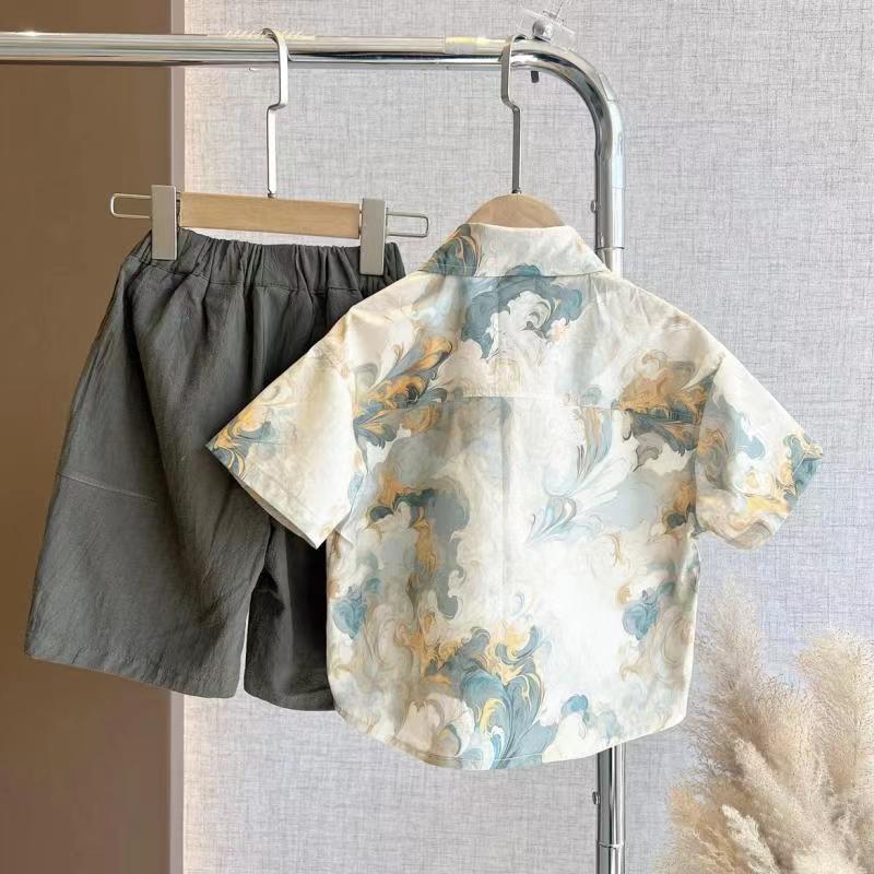 男童短袖衬衫套装海浪图绘短袖儿童时尚夏款老花拼接衬衣两件套潮详情4