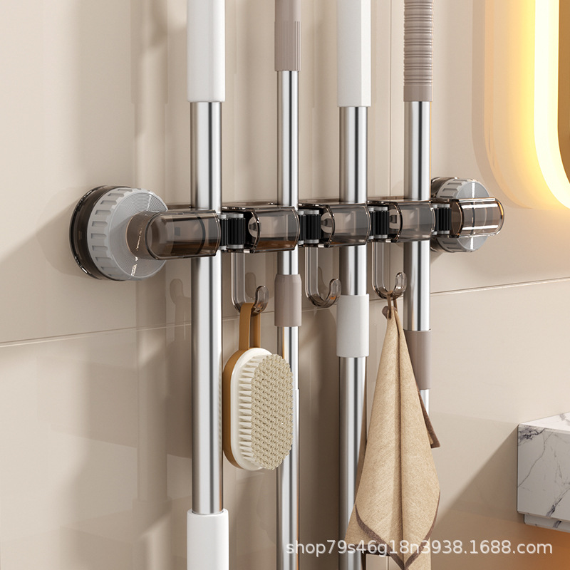 Wall-mounted four-clamp mop rack, powerful suction cup mop rack, multi-purpose hook hanging rack for kitchen and bathroom, household storage rack pic 26