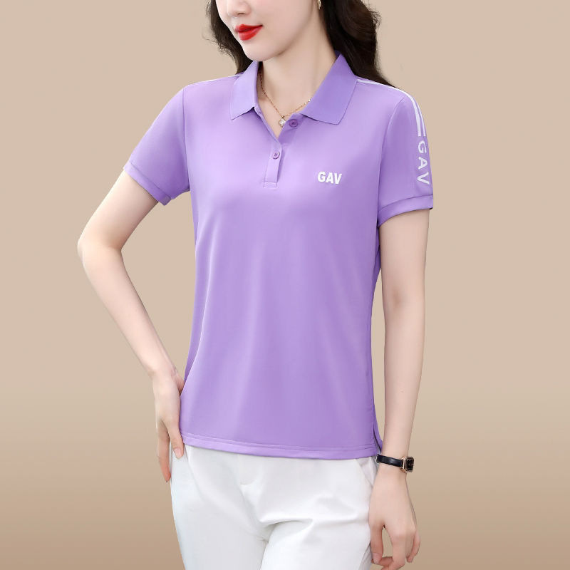 夏季新款短袖t恤女翻领大码宽松休闲中年妈妈POLO衫纯色运动上衣详情6