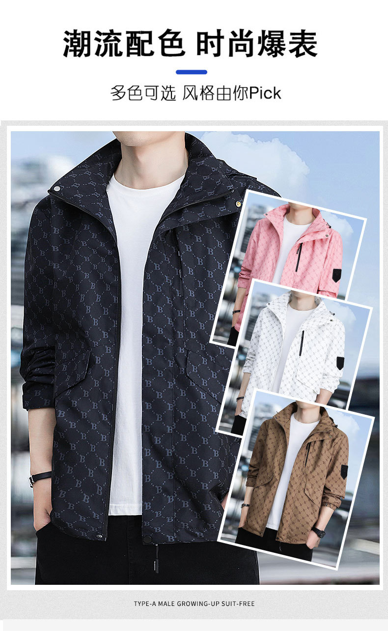 春秋季时尚潮牌印花户外休闲防风防水冲锋衣男士百搭帅气连帽夹克 pic 3