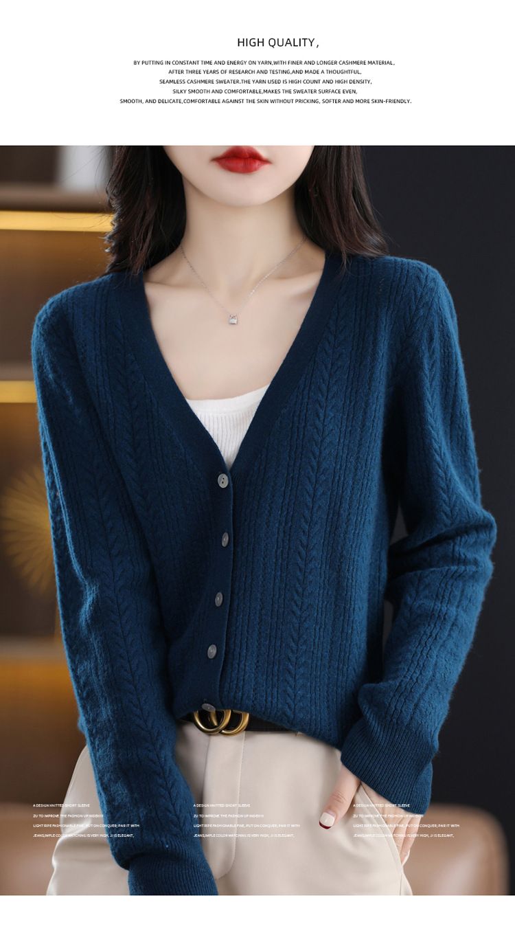 绒狼2023秋冬新款女士V领羊毛针织麻花开衫宽松长袖短款外套女详情3