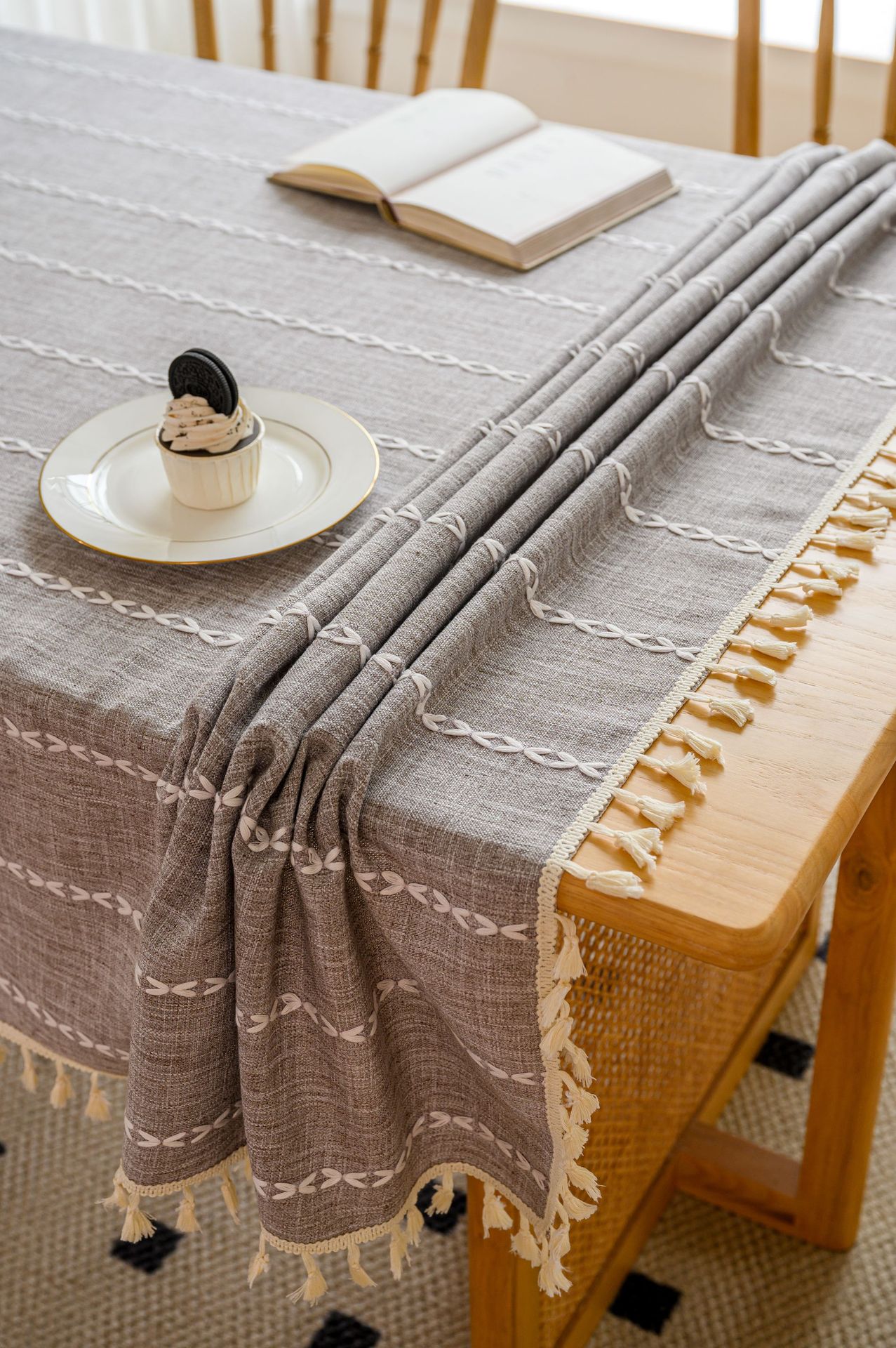 Cross-border three-dimensional embroidered striped tablecloth, popular black solid color, white cotton and linen tablecloth cover, fabric outdoor party pic 99