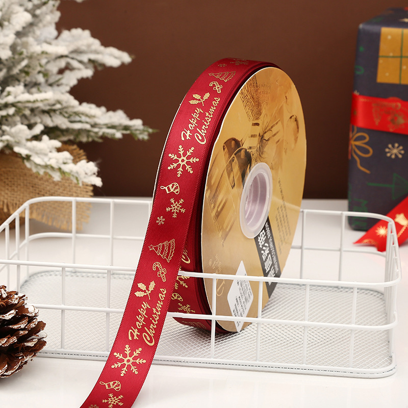 Dingxin 2.5CM Christmas ribbon in stock wholesale, gold-embossed snowflake DIY Christmas gift packaging color ribbon Polyester ribbon pic 12