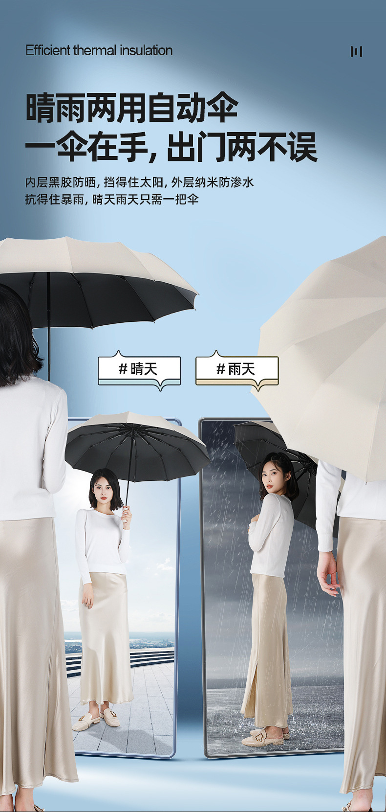 全自动十二骨双龙骨定制广告雨伞三折黑胶防紫外线遮阳伞晴雨两用详情25