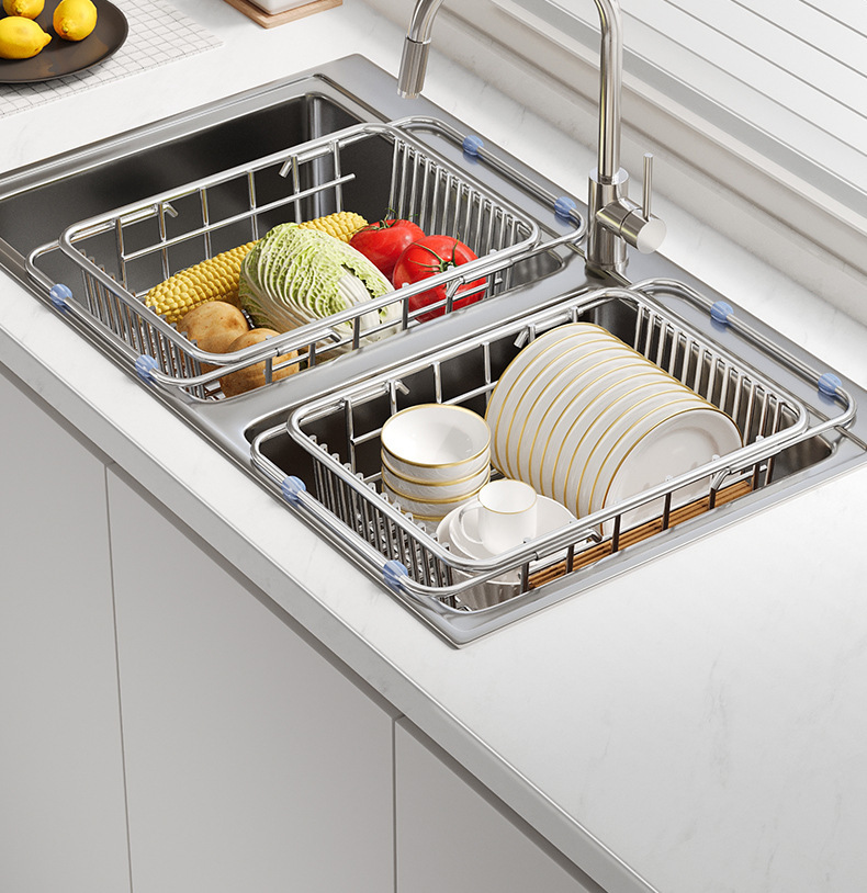 Kitchen sink, washing basin, retractable storage rack, stainless steel sink, draining basket, dish storage rack, kitchenware pic 10