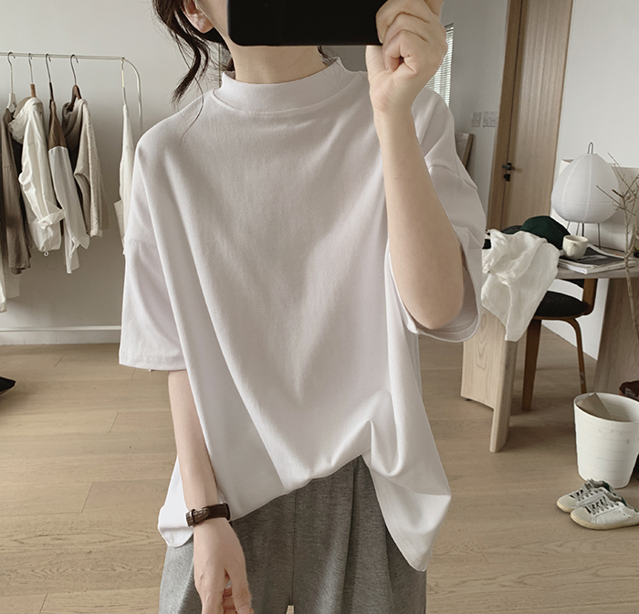 琪镌绘制半高领t恤女式春夏季新款宽松显瘦韩版简约半袖减龄棉质详情3