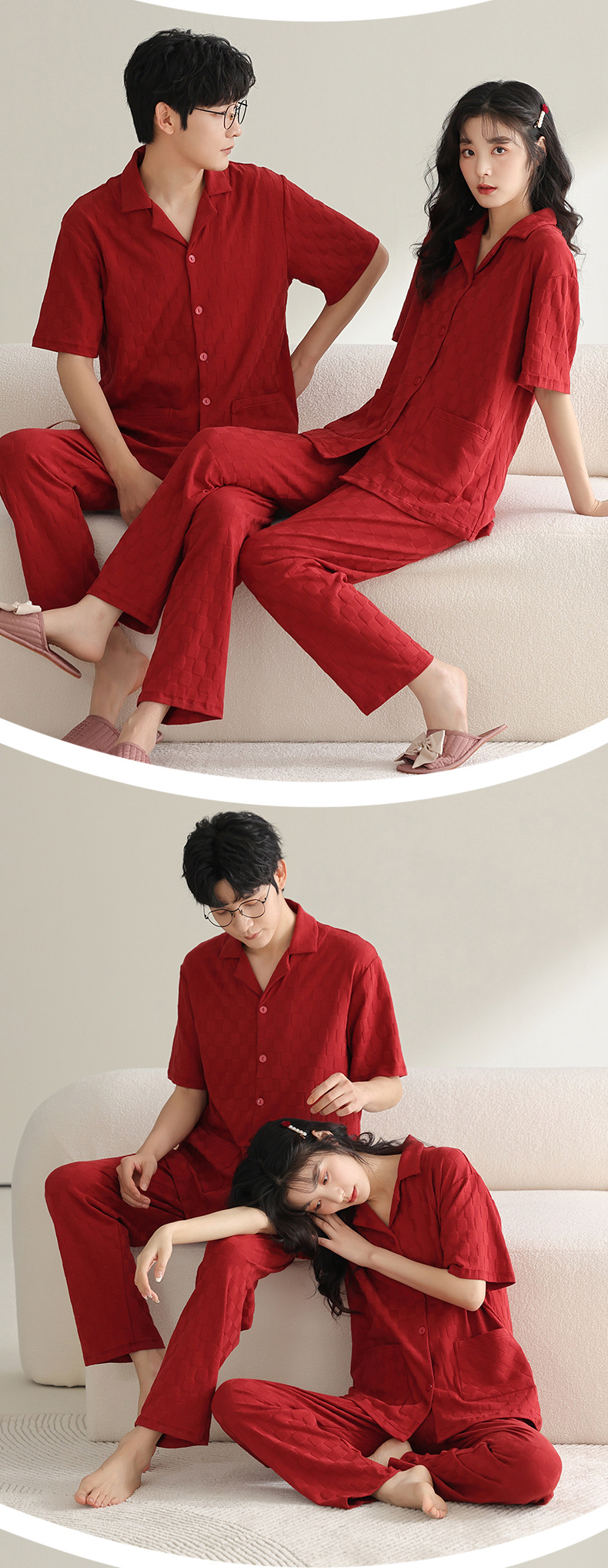 纯棉情侣睡衣夏季结婚新婚大码男士开衫长裤本命年红色家居服夏女详情8