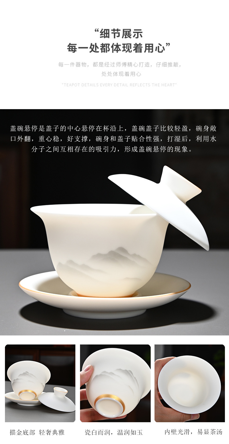 High-end kung Fu tea set, household light luxury sheep fat jade gilded covered bowl teapot tea set, complete set wholesale pic 15