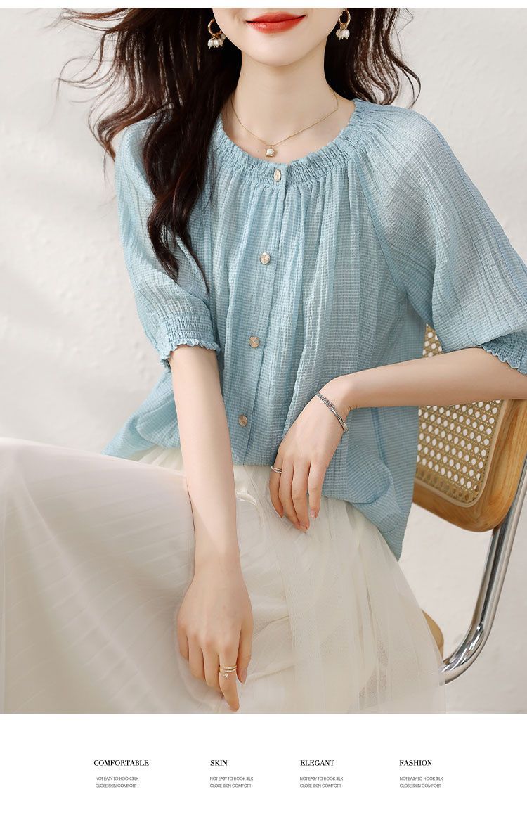 2023年夏季新款通勤气质空气感泡泡纱灯笼袖衬衣百搭女式衬衫韩版详情5