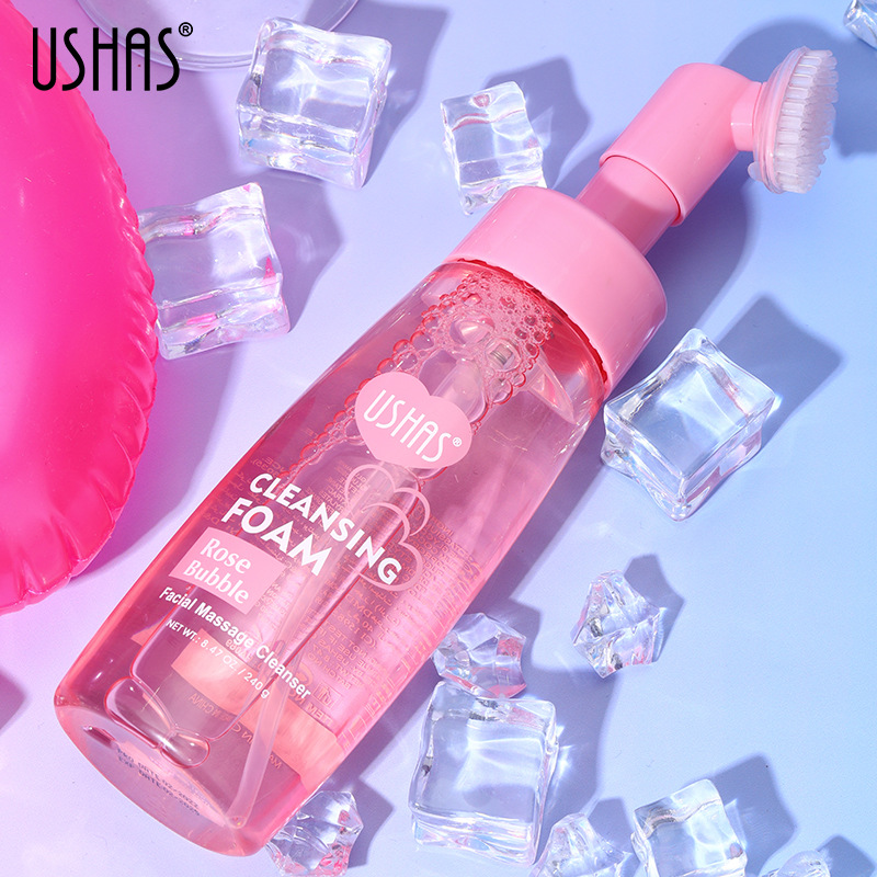 USHAS跨境现货热销玫瑰洁面泡沫慕斯洗面奶深层清洁带刷头洁面详情12