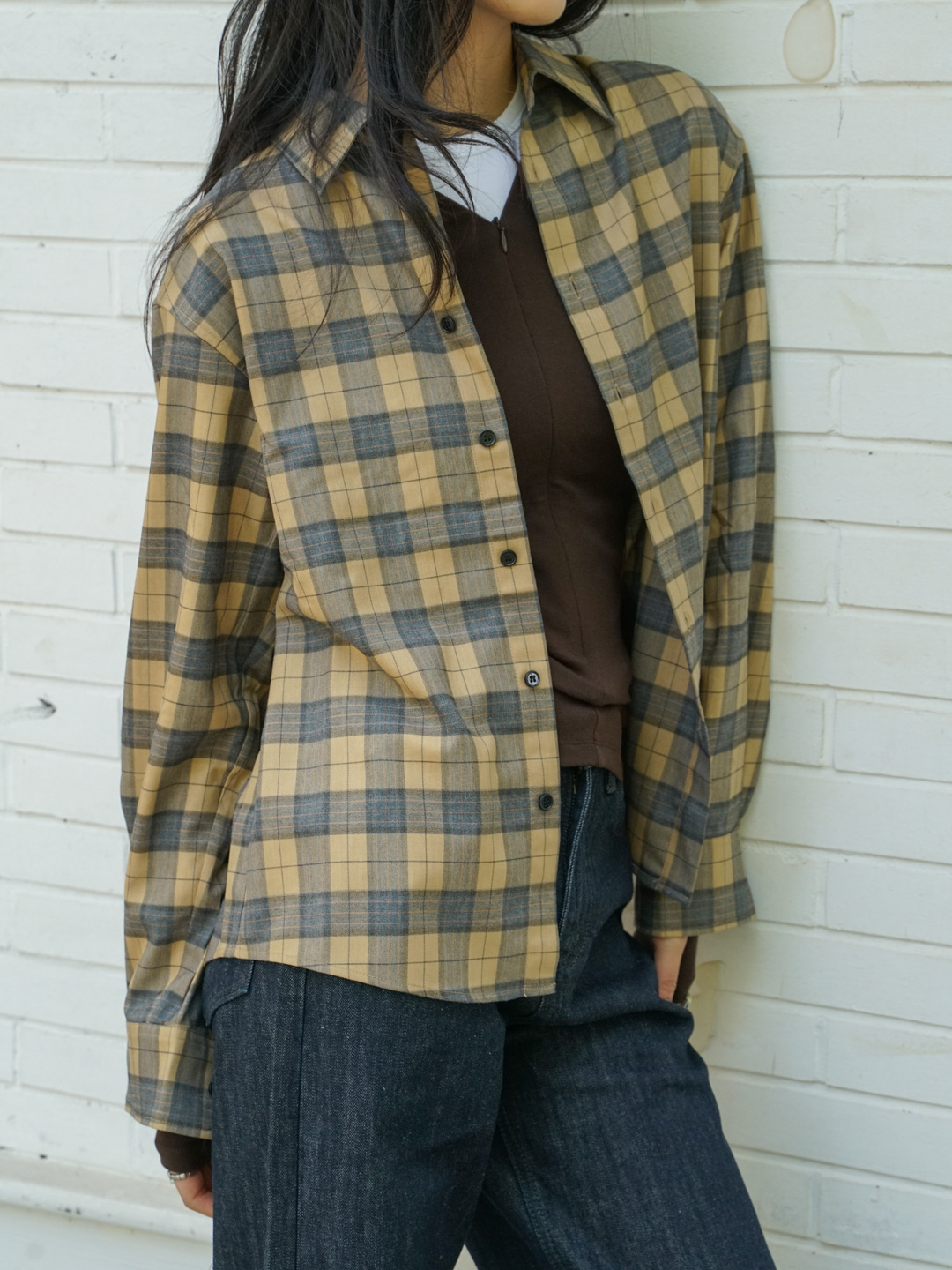 New retro plaid loose off-the-shoulder plaid long-sleeved shirt, yellow lapel plaid casual shirt for women 4415 pic 16
