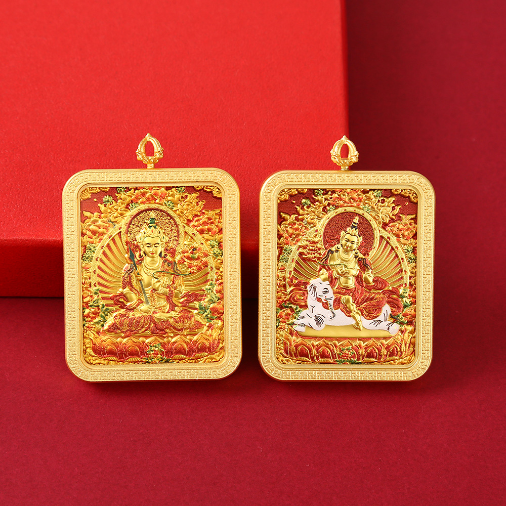 单面藏式浮雕合金唐卡文殊普贤本命佛随身佛牌黄财神吊坠详情6
