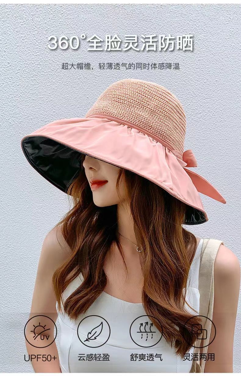 夏季防晒黑胶蝴蝶结遮阳帽女日韩帽子防紫外线大檐遮脸太阳空顶帽详情15