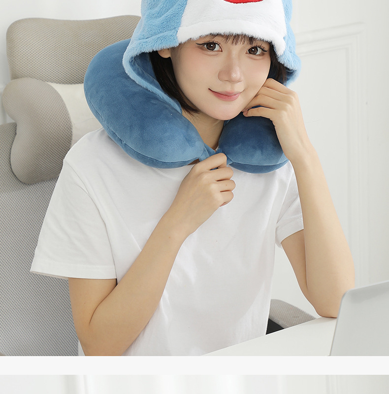 New cartoon hooded U-shaped pillow, plush hooded neck pillow, travel portable neck pillow, soft office nap pillow pic 23