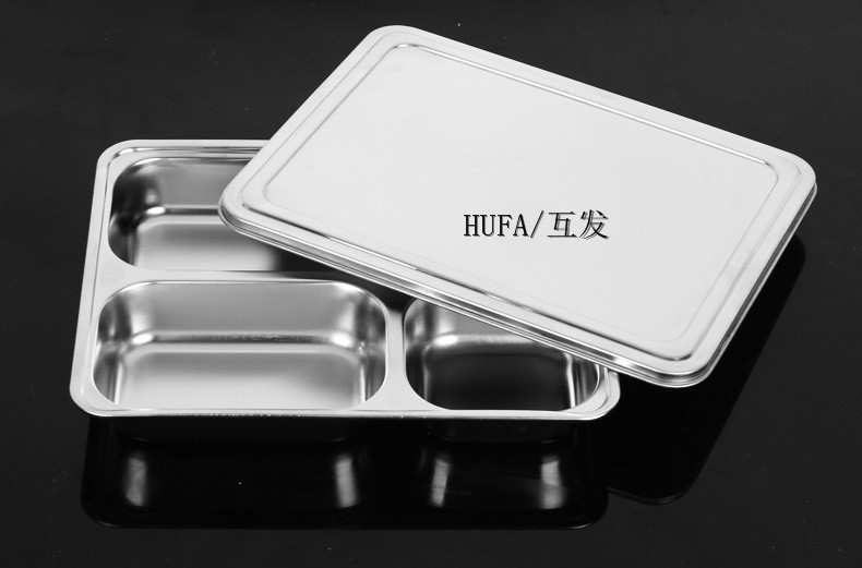 304 stainless steel fast food plate, square compartment lunch box with lid for the cafeteria, custom LOGO, thickened student plate pic 13