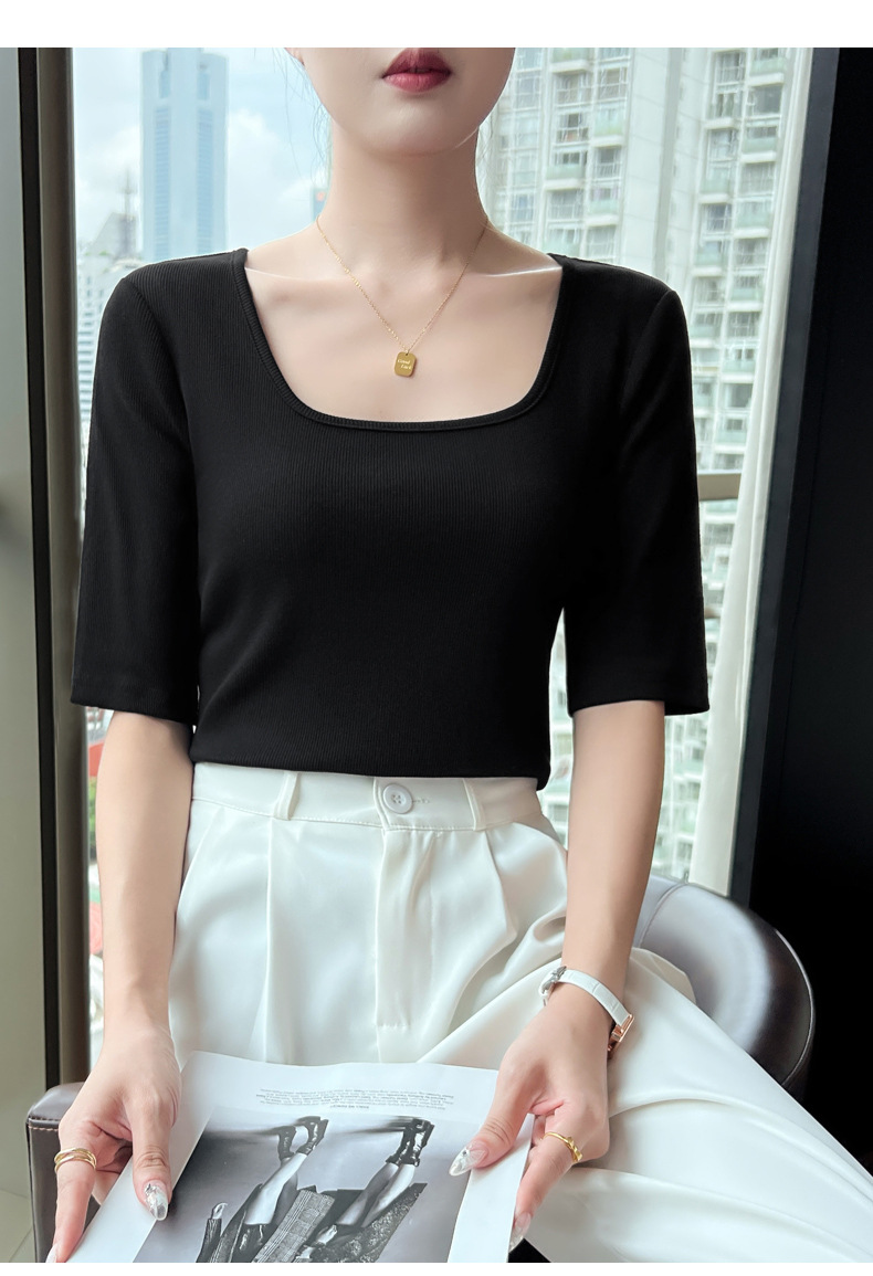 This 2023 autumn new slimming and elegant base layer T-shirt is versatile for daily use, fitted, simple and stylish, with a square neck and mid-sleeved shirt for women pic 24