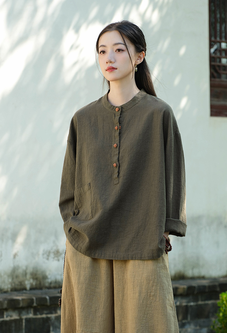 2024春夏棉麻女装新品亚麻立领拼色盘扣套头大码上衣女式棉麻衬衫详情19