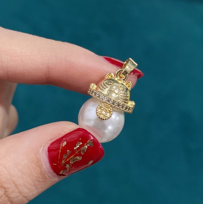 diy accessories: copper-plated real gold Maneki Neko pendant head, freshwater pearl empty stand accessory, round bead stand necklace pendant pic 3