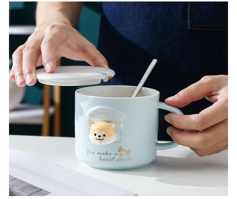 立体柴犬可爱卡通陶瓷杯秋田犬马克杯带盖勺学生办公家用水杯情侣详情18