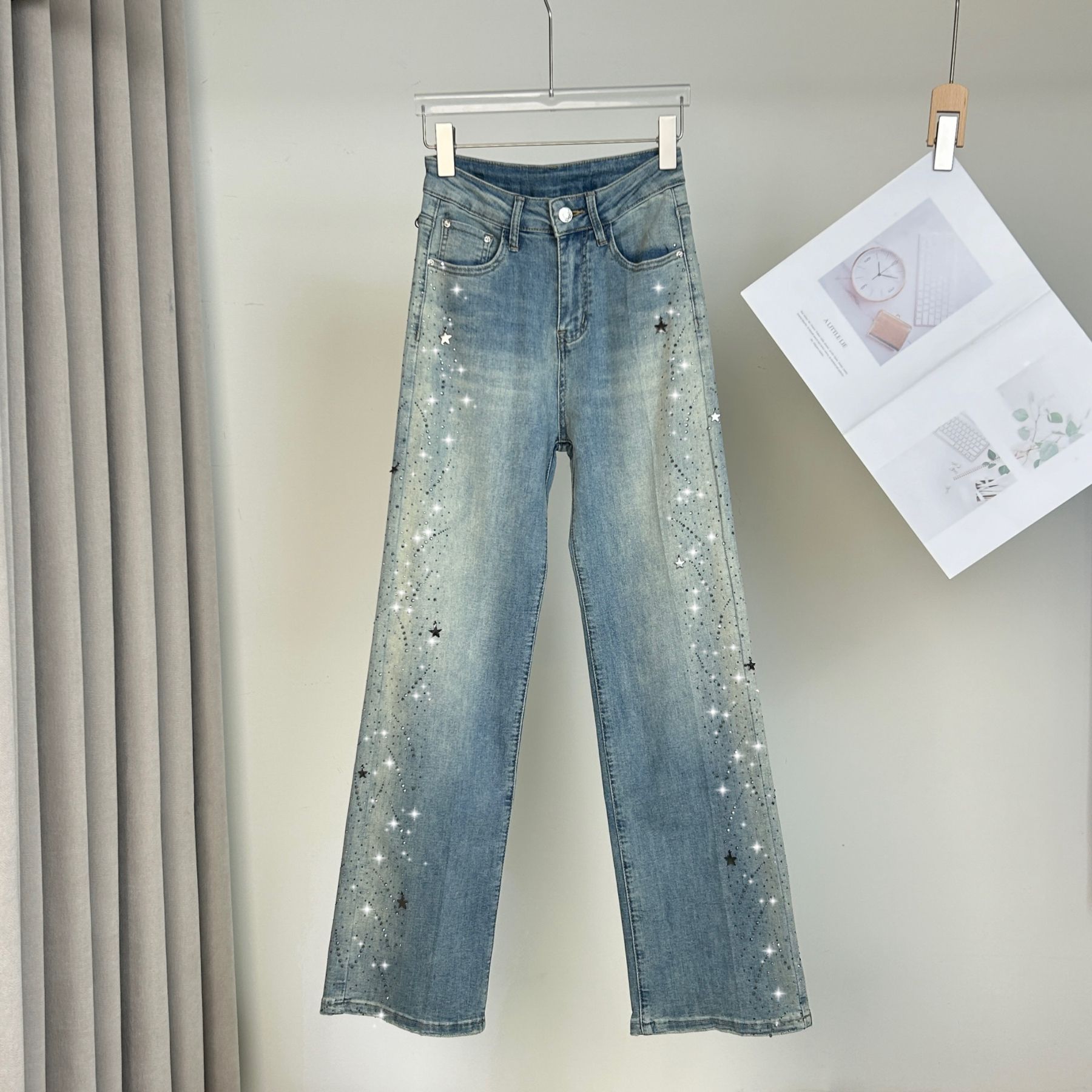 欧洲站烫钻钉珠星星水洗牛仔裤女新款高腰宽松直筒拖地裤详情1
