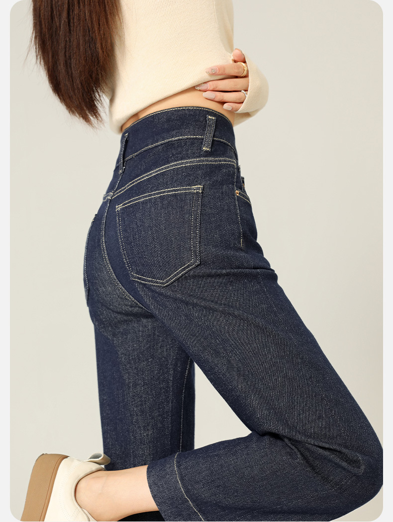 Anti-fading stretch denim natural-color jeans for women in autumn with a button-down design, high-waisted, petite straight-leg 9-inch pants pic 10