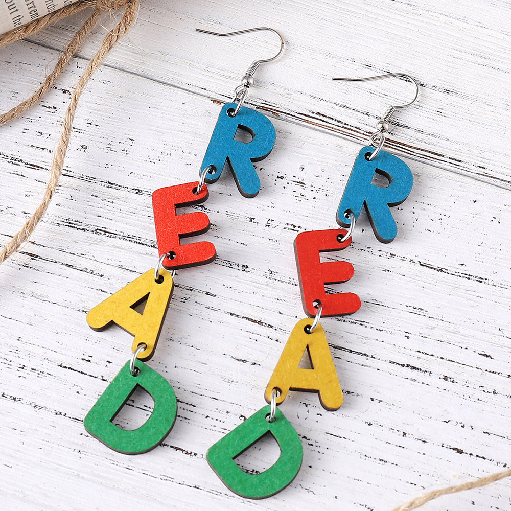 The popular cross-border color letter READ earrings from Europe and America are double-sided wooden earrings for students and teachers during the back-to-school and graduation seasons pic 5