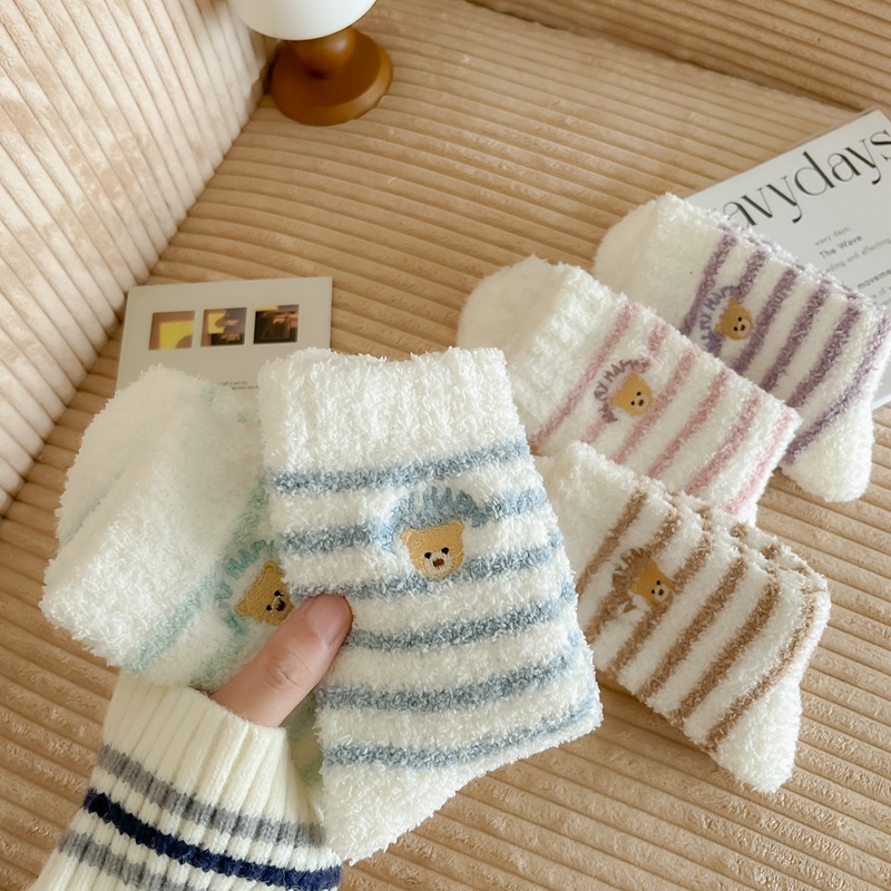 秋冬袜子女中筒睡眠袜韩版纯色珊瑚绒袜子保暖加绒休闲袜详情7