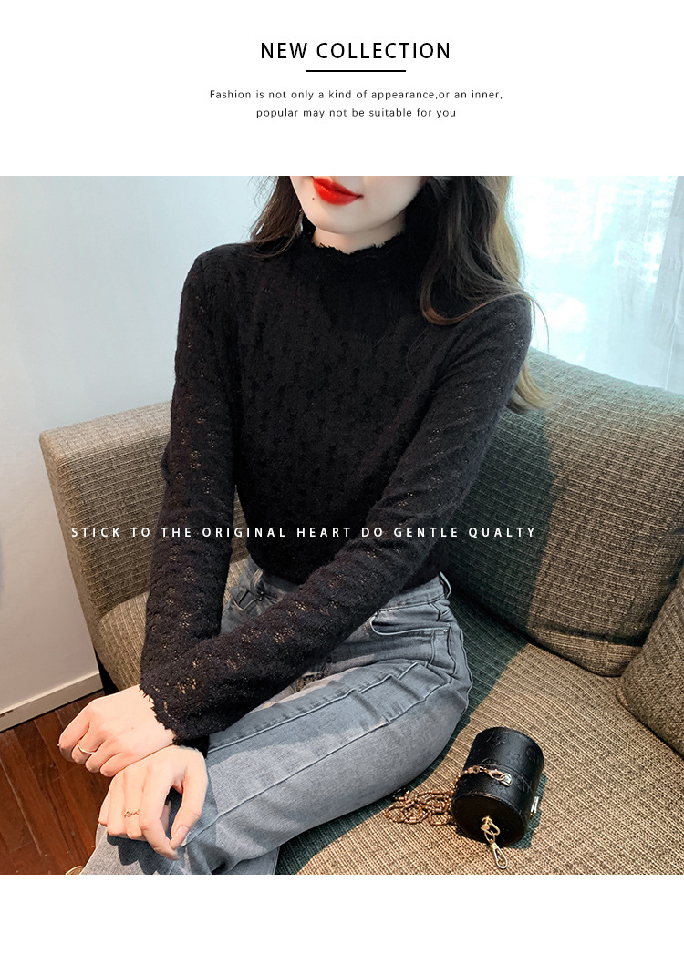 A stylish and youthful 2023 autumn collection, paired with a semi-high-neck top, long-sleeved small stand-up collar, and a youthful lace base layer for women pic 8