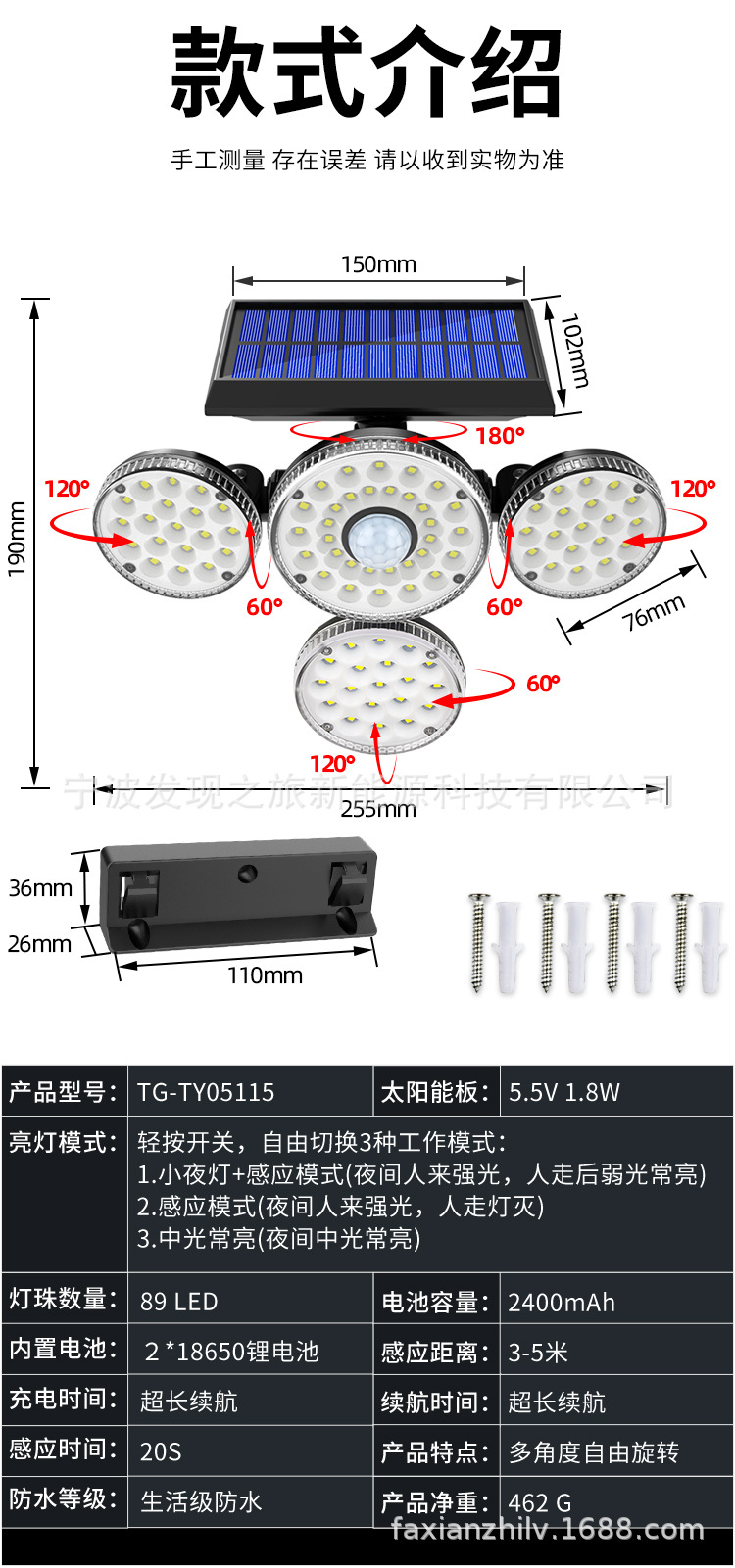 Cross-border new outdoor solar wall lamp, LED rotating human body sensor lamp, courtyard square household lighting lamp pic 15