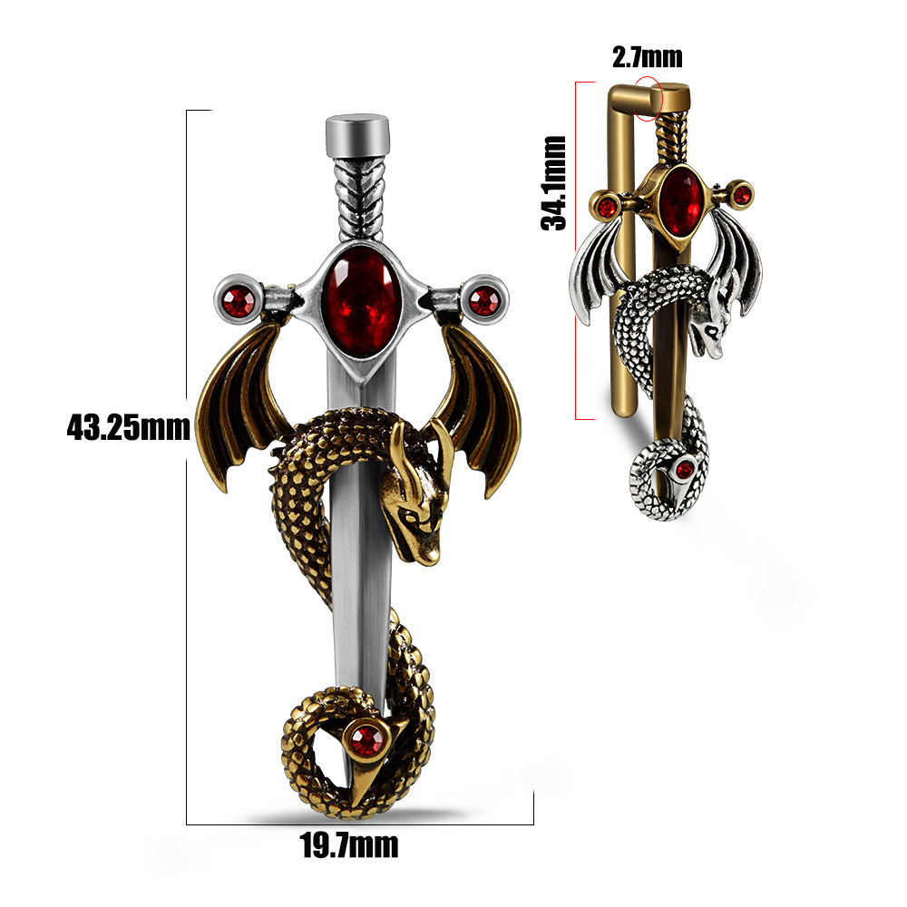 跨境朋克翼龙缠绕剑大尺寸耳廓 古金十字红钻耳垂耳挂铜穿刺饰品详情11