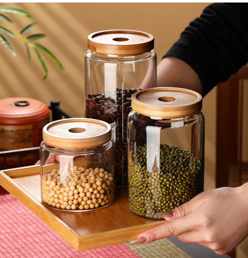Inicio altura recta vidrio de borosilicato latas herméticas al por mayor tapas de bambú latas de té latas de almacenamiento botellas de almacenamiento de dulces pic 16