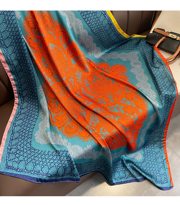 A classic blue and orange large flower 110 faux silk scarf with a large square scarf and a shawl on the outside. A girl gives it to her mother pic 38