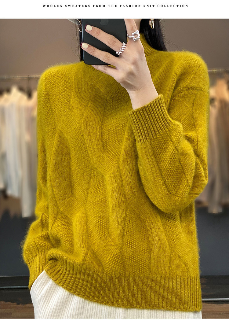 2024 New style 100 wool sweater for women, semi-high neck, thickened with twist, solid color, simple sweater, loose and slimming knitted sweater pic 25