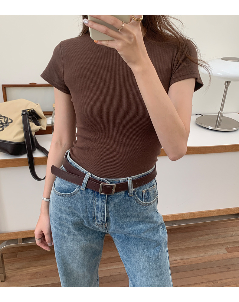 European and American style ribbed off-the-shoulder T-shirt for women, new summer style, slimming and figure-hugging, round-neck, layering short base layer pic 21