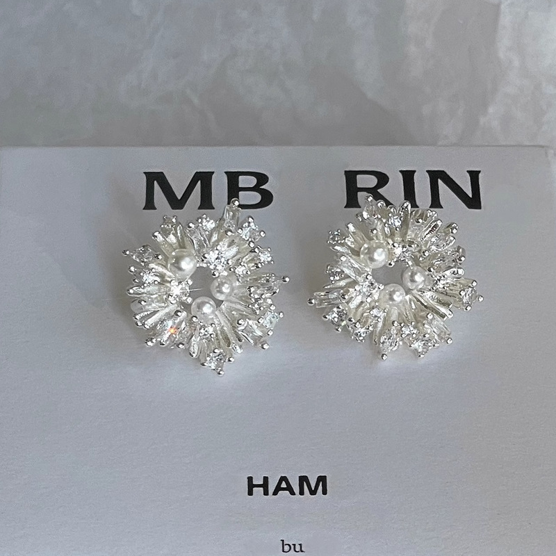 「霜穗」韩系太阳花几何珍珠耳饰蚊香盘耳夹无耳洞耳钉银独特耳环详情3