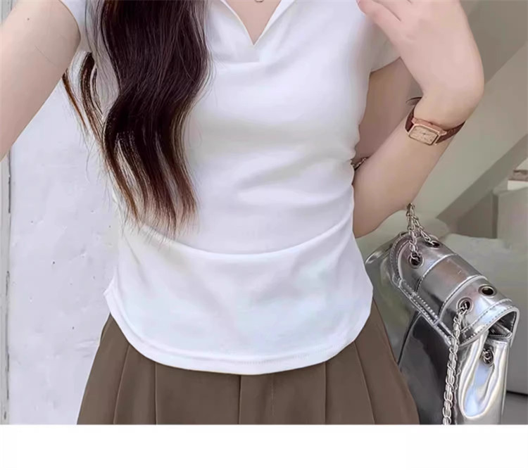 polo collar slimming and form-fitting shoulder T-shirt for women, short sleeve, pure and hot girl, short design with a cinched waist, top for summer pic 28