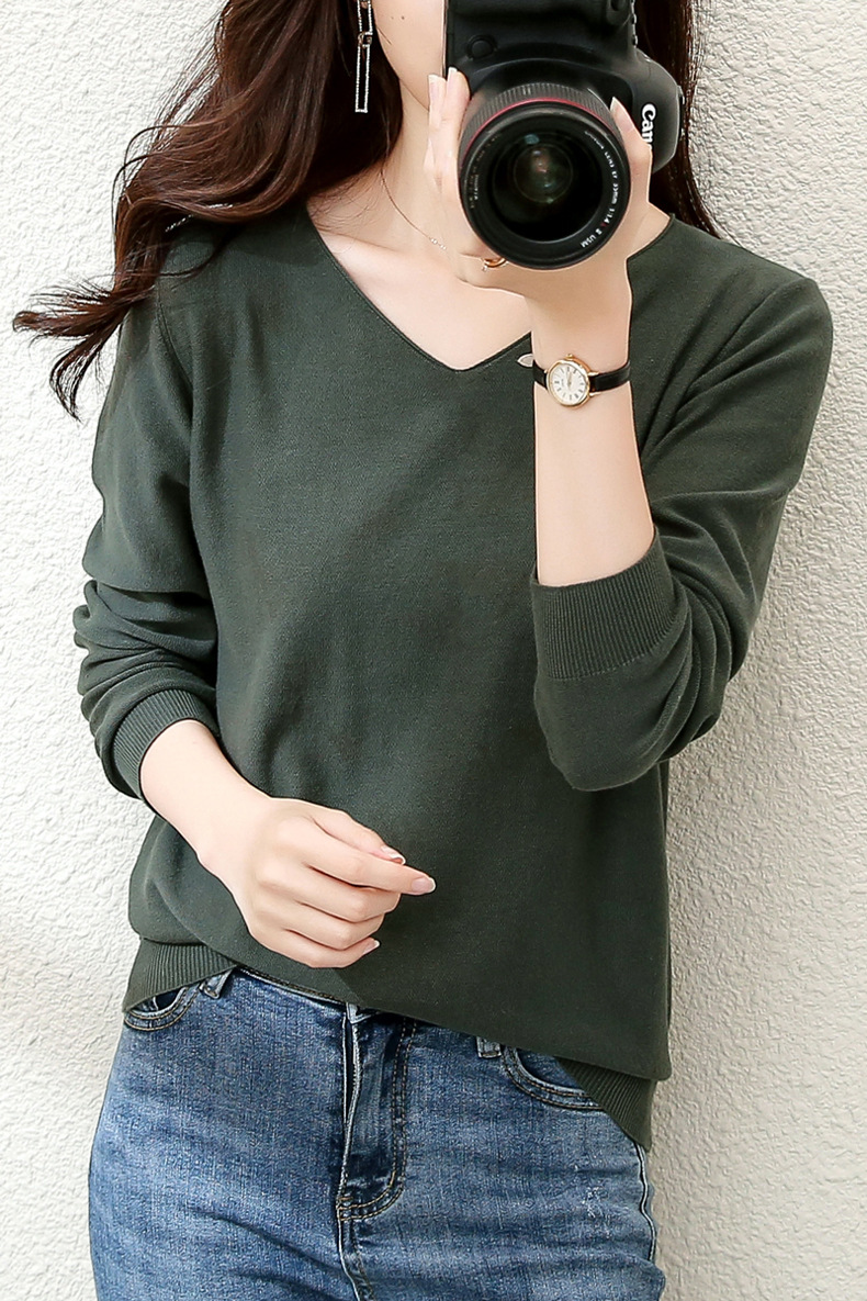 2023秋季女装全纯色棉麻针织T恤女V领长袖文艺大码外贸厂家批代发详情14