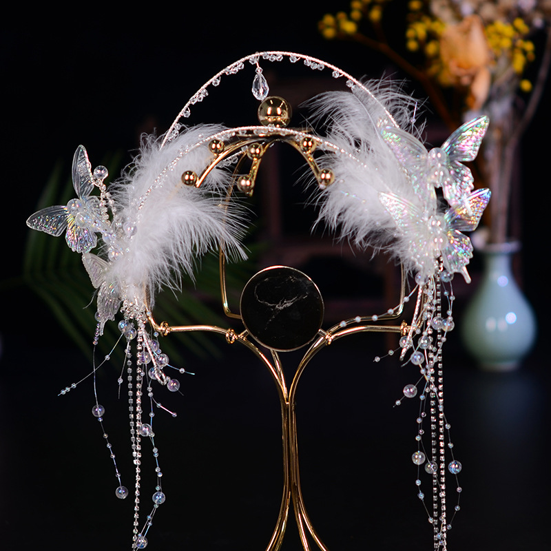 Handcrafted original Hanfu headband headwear, butterfly tassels, ancient and ethereal style for young girls, white feather headwear, lazy headband pic 5
