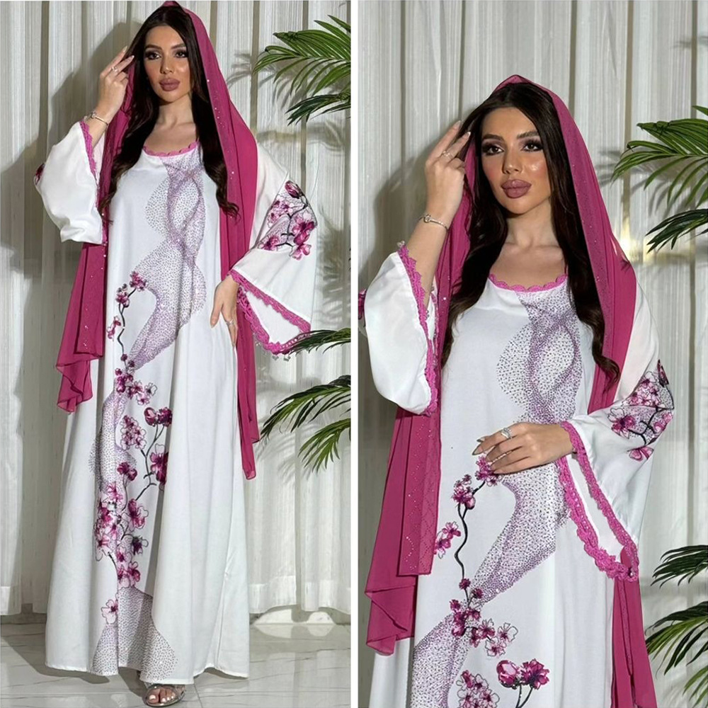 XQY500263 Cross-border Middle East Muslim Robe Dubai Arab printed Robe Dress with belt pic 15