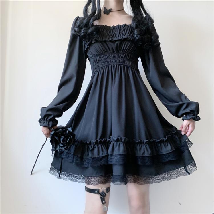 韩风chic复古暗黑系少女宽松蕾丝花边显瘦方领长袖泡泡袖连衣裙女详情5