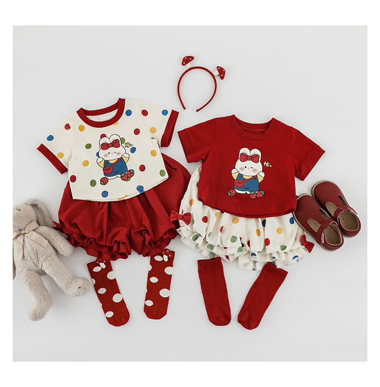 吾里卜一 女童小兔印花半袖T恤2024夏季儿童甜美可爱撞色短袖体恤详情24